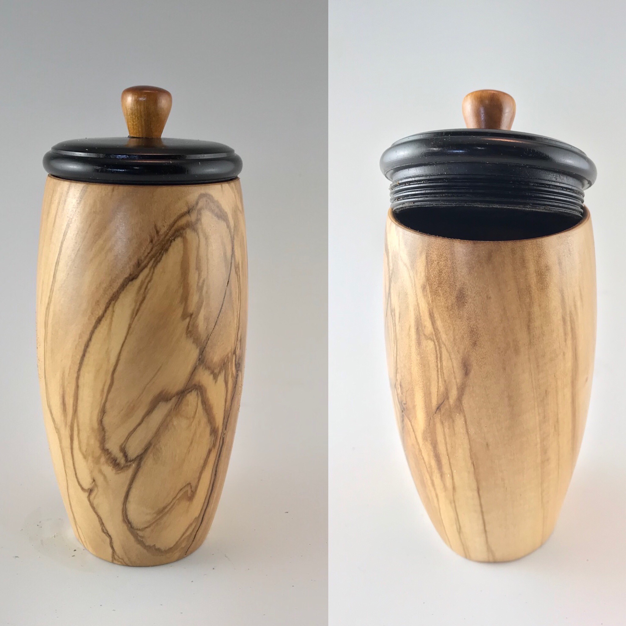  Maui Olive wood box, hand chased threads 